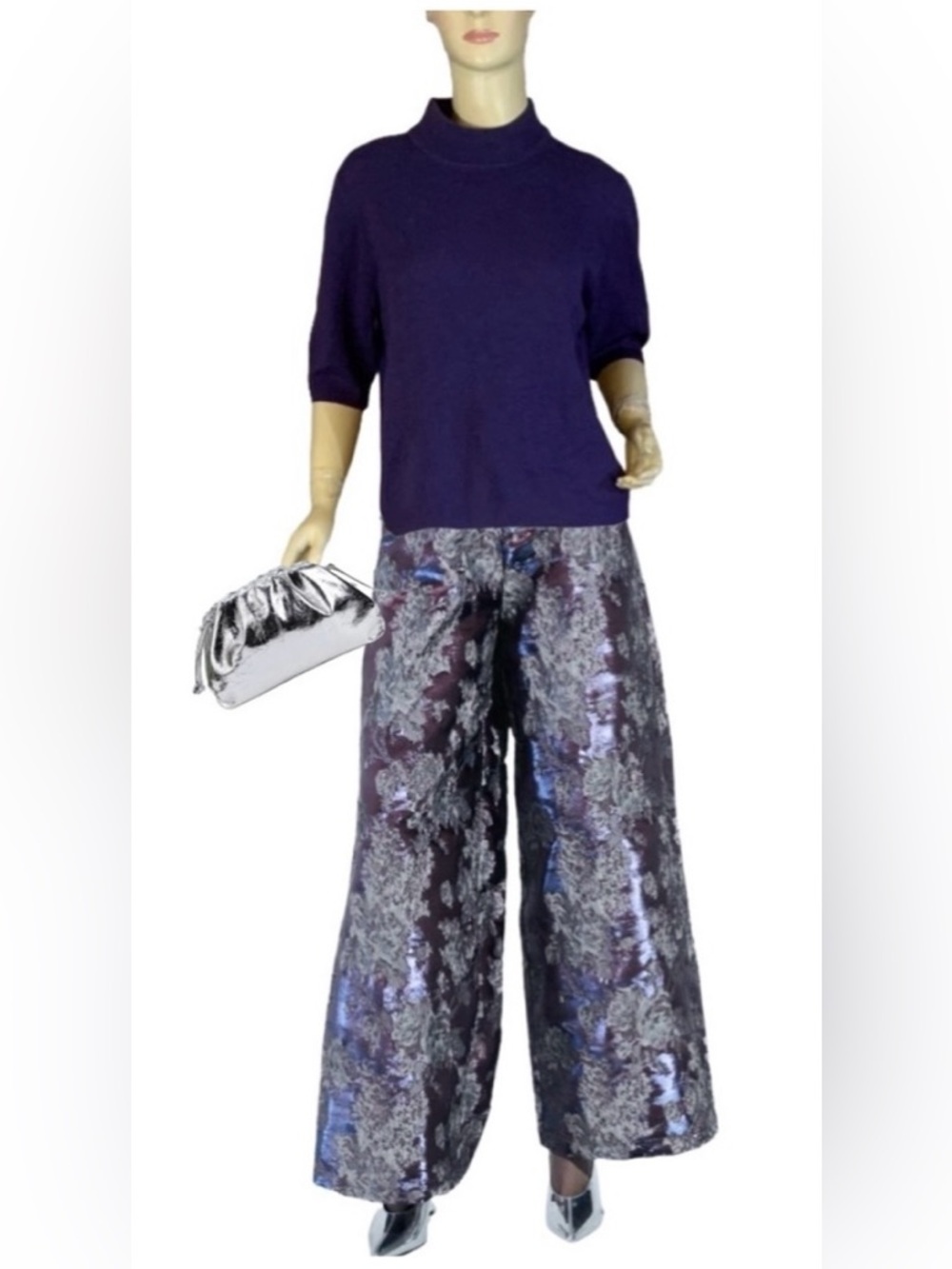 GRACE PURPLE CASHMERE KNIT MOCK NECK SHORT SLEEVE PULL OVER SWEATER (XL)